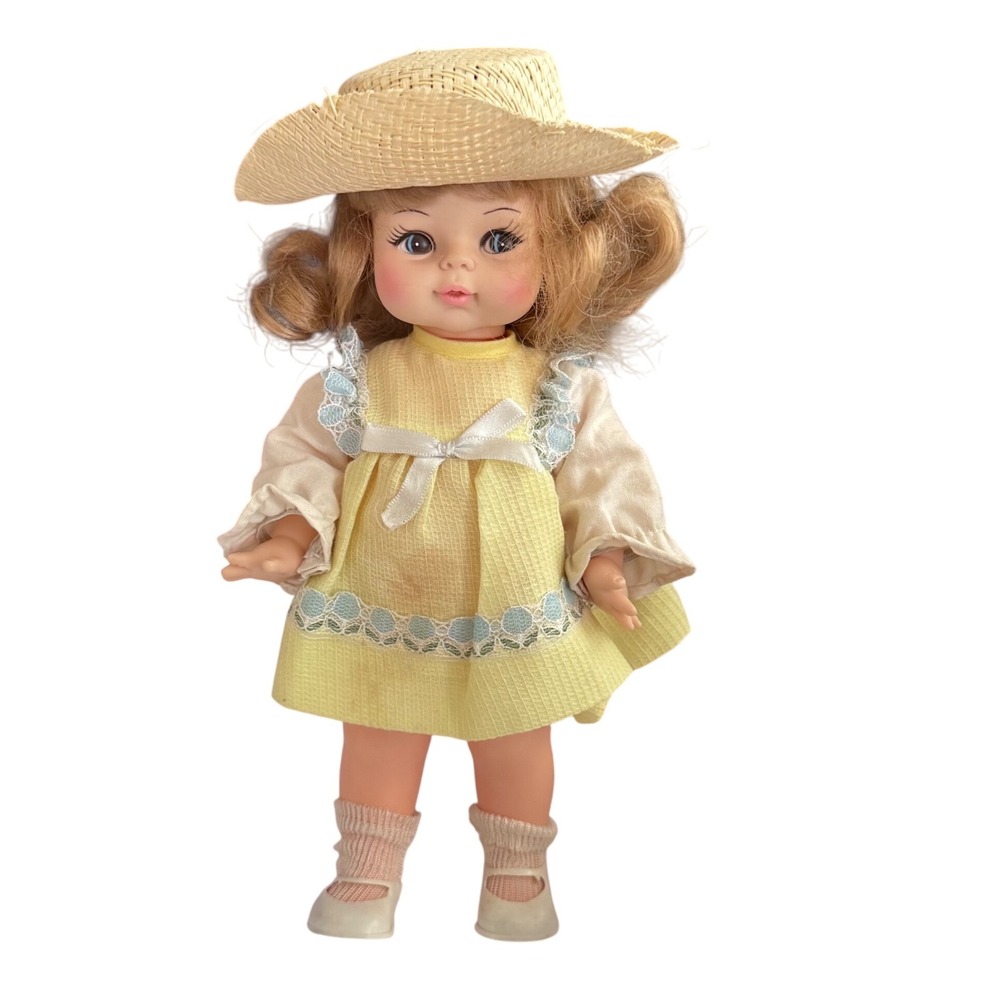 Horsman 1970s Doll Big Eye Blonde Hair Straw‎ Hat Yellow Dress Vintage Toy 12"